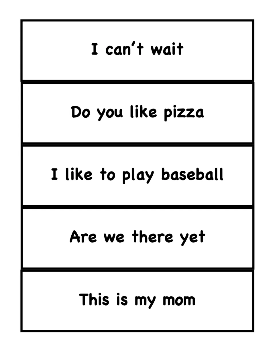 Sentence cards 11–15 for ending punctuation: 'I can’t wait', 'Do you like pizza', and three more
