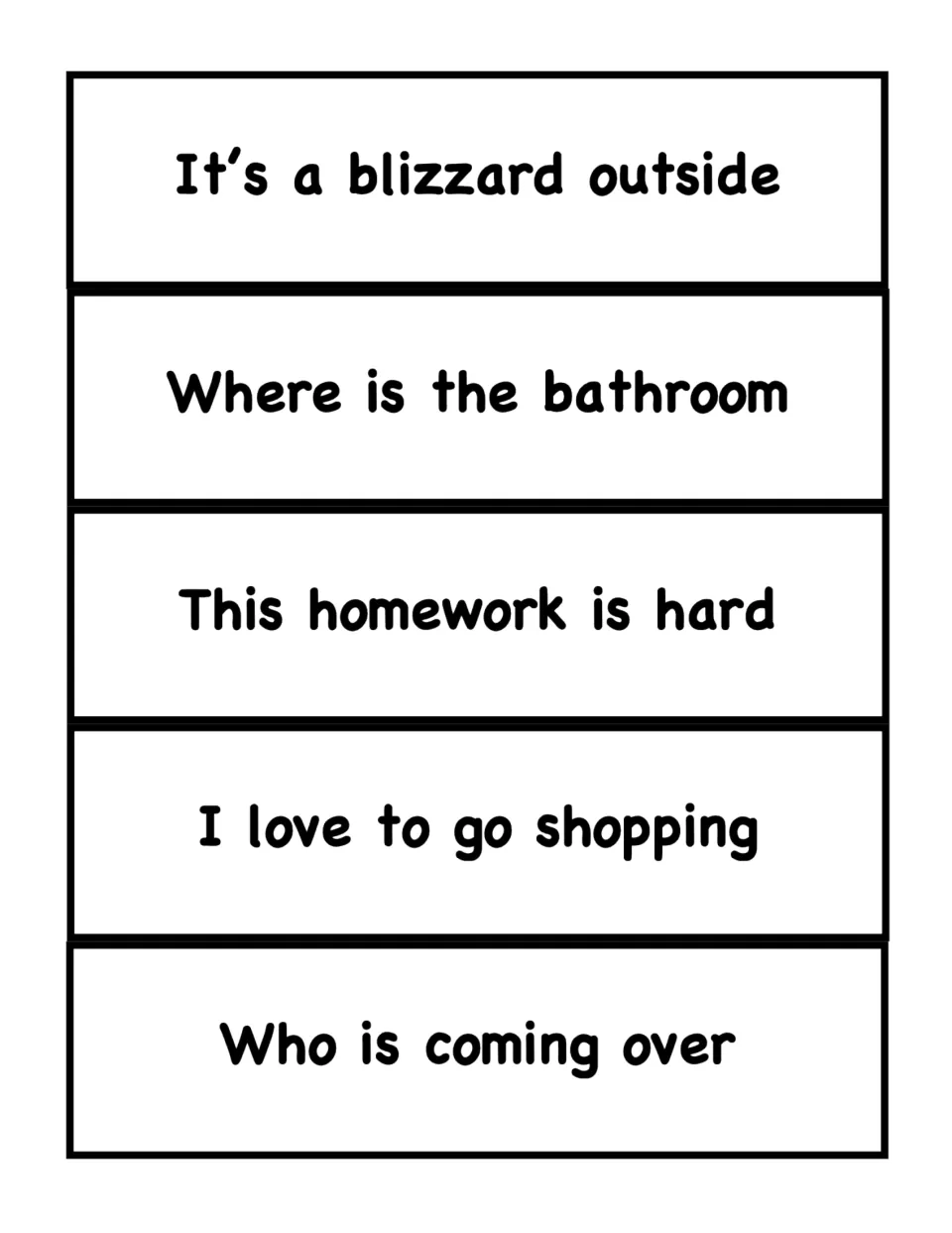 Sentence cards 16–20 for ending punctuation: 'It’s a blizzard outside', 'Where is the bathroom', and three more
