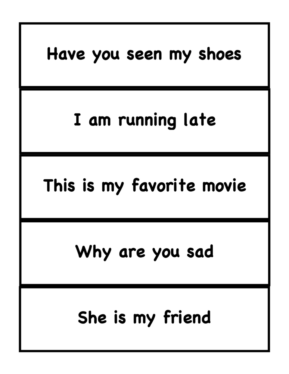 Sentence cards 21–25 for ending punctuation: 'Have you seen my shoes', 'I am running late', and three more