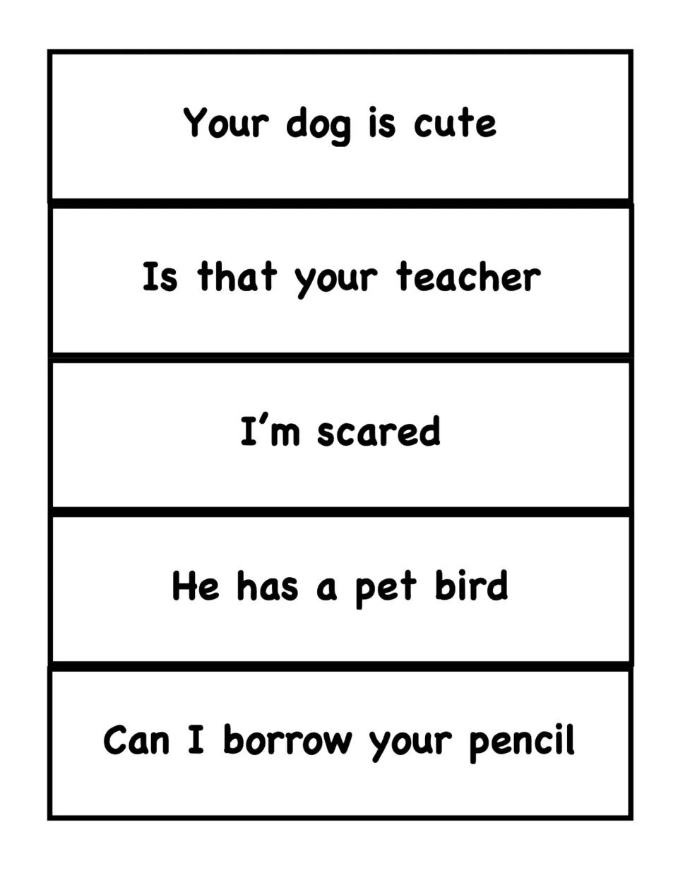 Sentence cards 26–30 for ending punctuation: 'Your dog is cute', 'Is that your teacher', and three more
