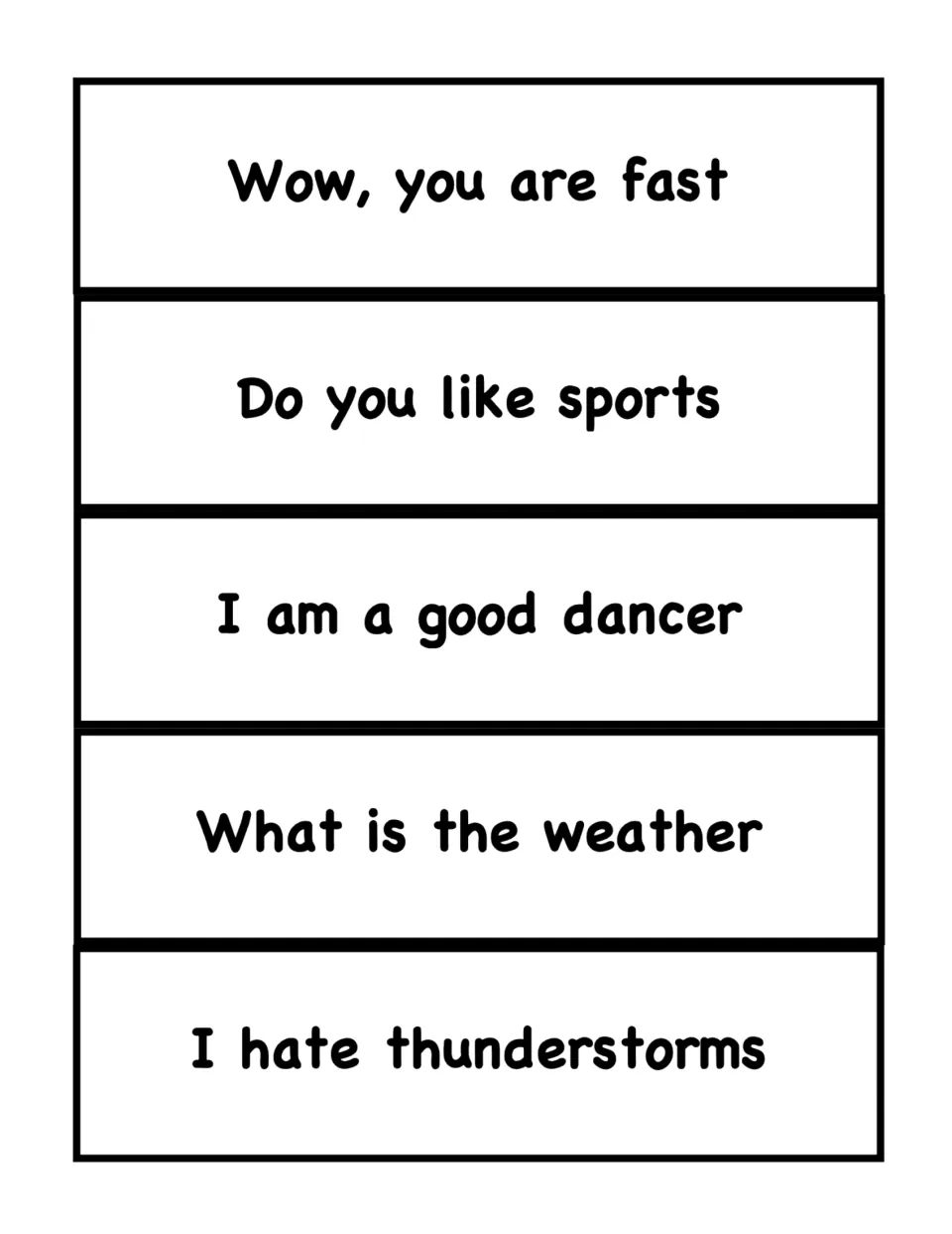 Sentence cards 31–35 for ending punctuation: 'Wow, you are fast', 'Do you like sports', and three more