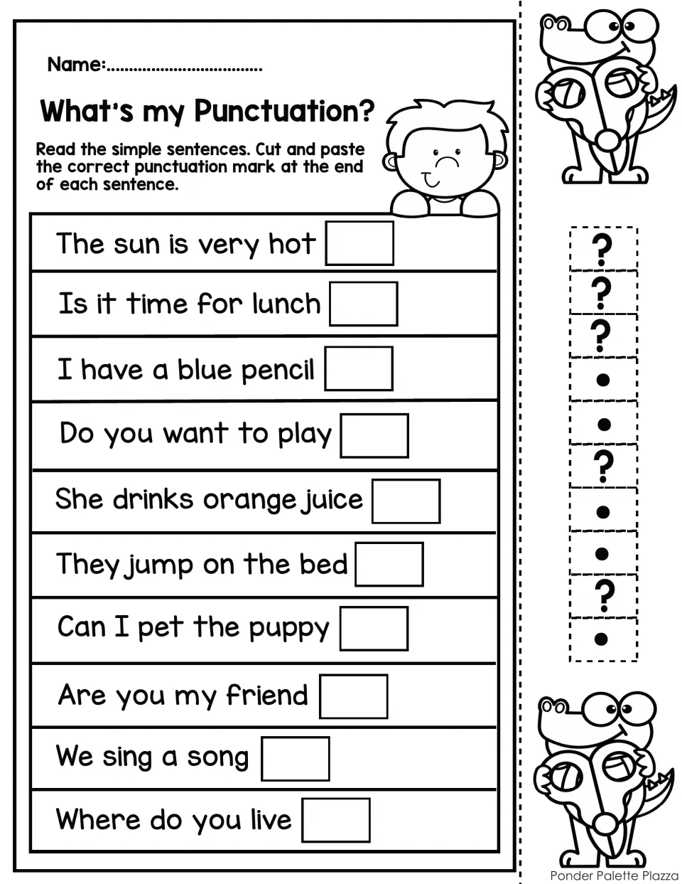 Statement or question: students glue a period or question mark after 10 sentences such as Is it time for lunch