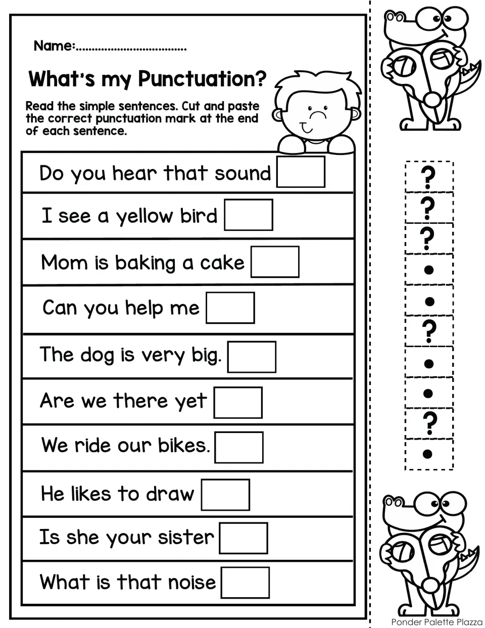 End punctuation practice: students paste a period or question mark after 10 sentences like Do you hear that sound