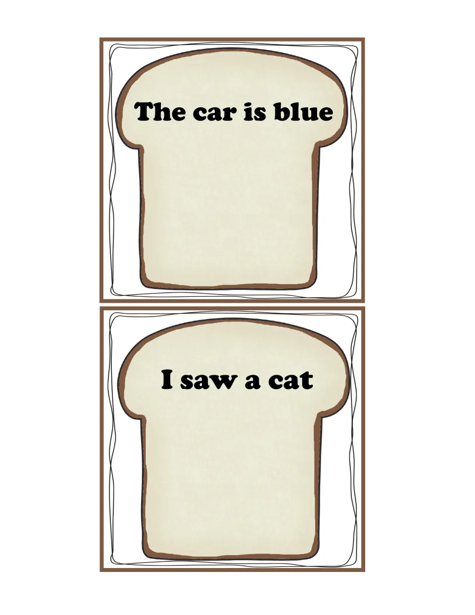 End punctuation bread cards: 'The car is blue' and 'I saw a cat', two telling sentences missing their end mark