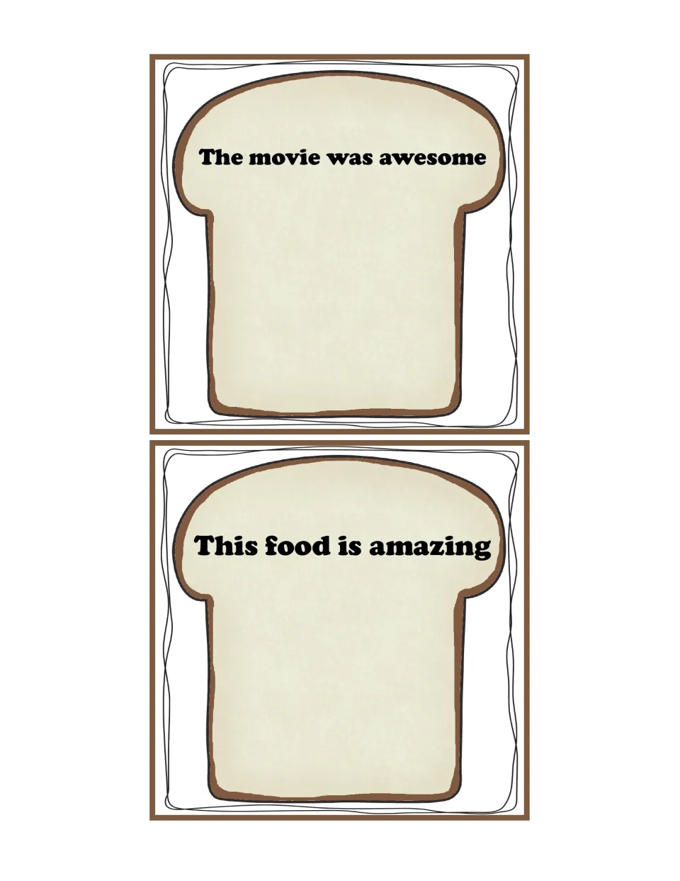 Exclamation sentence bread cards: 'The movie was awesome' and 'This food is amazing', each missing an end mark