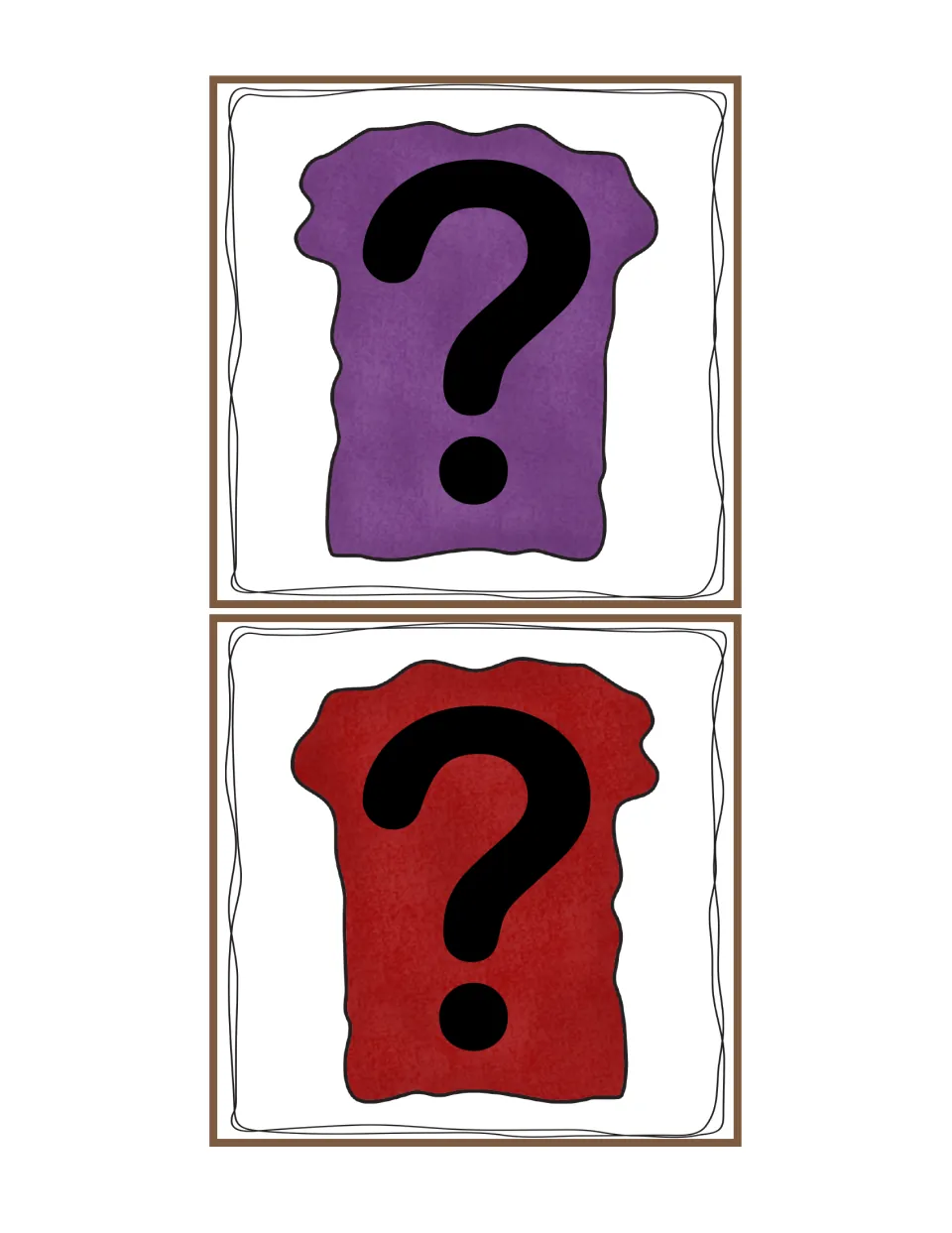 Question mark jelly cards: a purple and a red jelly piece, each with a large question mark to place on asking sentences