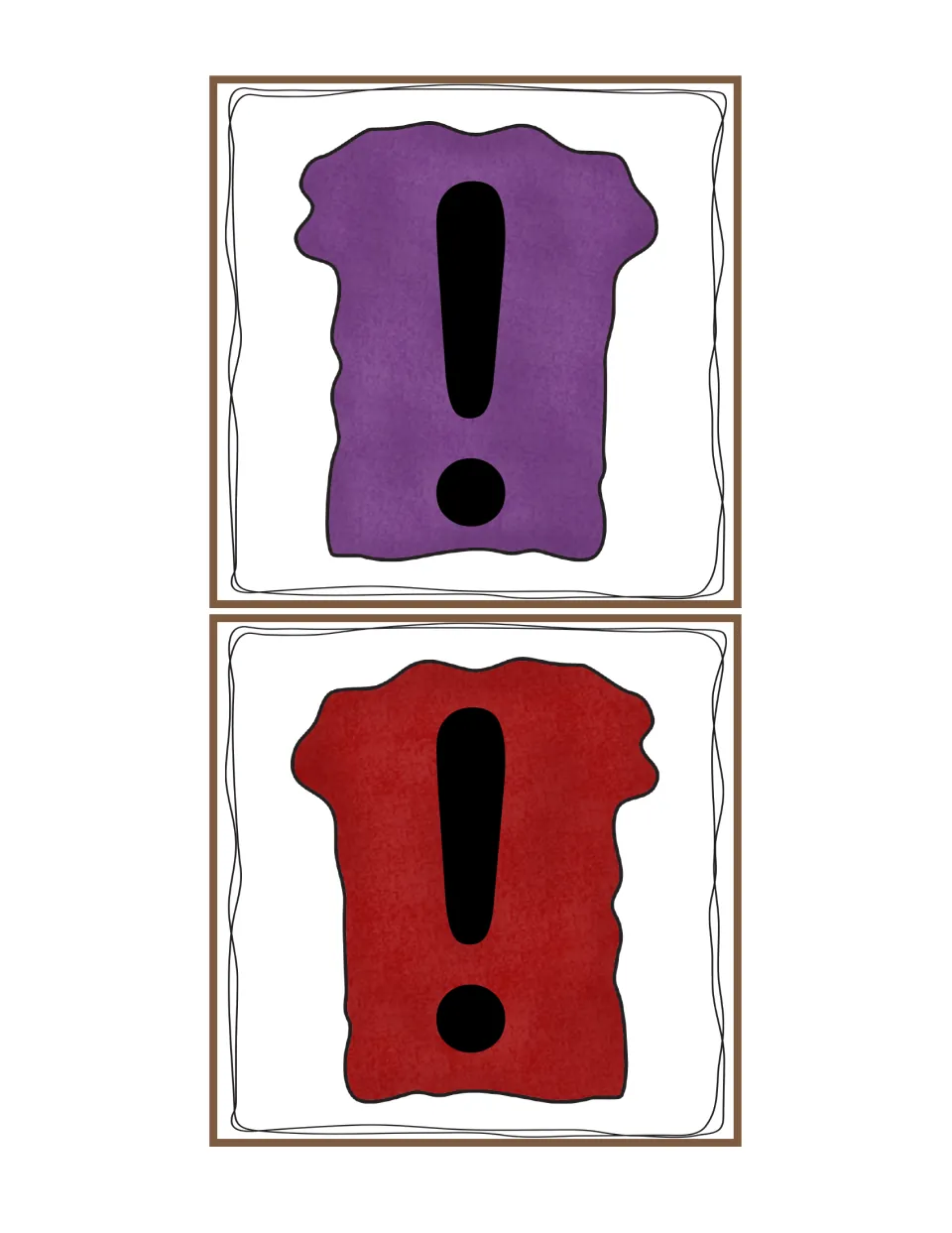 Exclamation point jelly cards: a purple and a red jelly piece, each with a large exclamation point for excited sentences