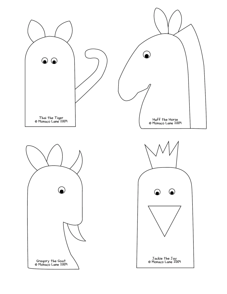 Finger puppet outlines of Thai the Tiger, Huff the Horse, Gregory the Goat and Jackie the Jay to color and cut out