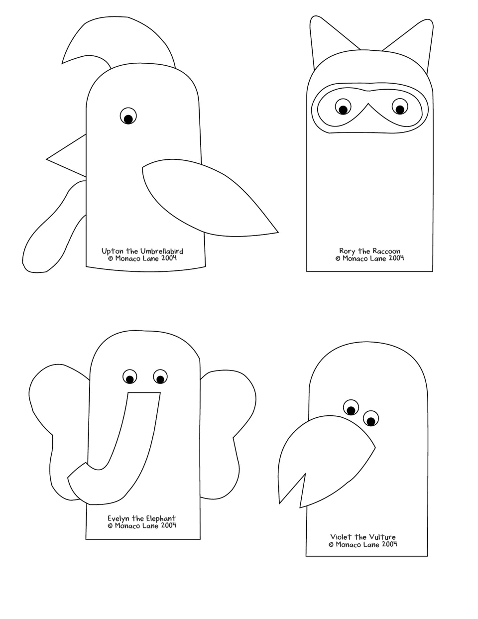 Puppet shapes of Upton the Umbrellabird, Rory the Raccoon, Evelyn the Elephant and Violet the Vulture to color and cut
