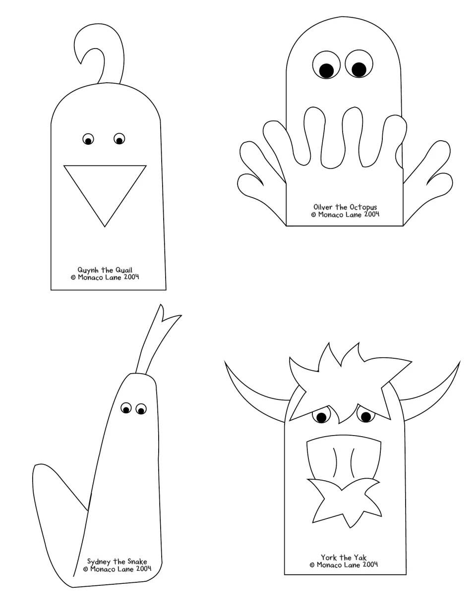 Line drawings of Quynh the Quail, Oilver the Octopus, Sydney the Snake and York the Yak puppets, ready to color and cut out