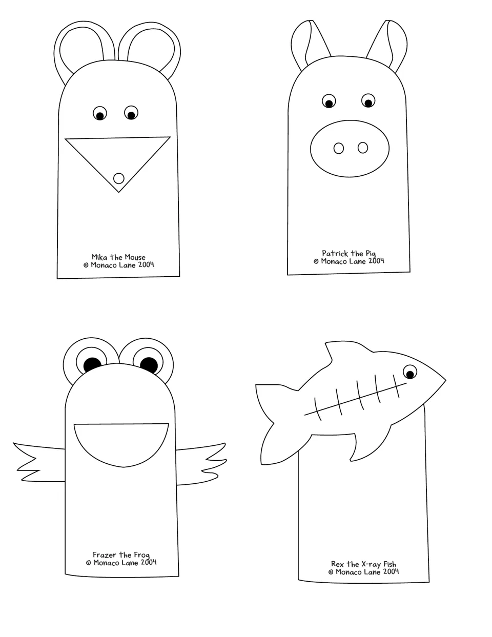 Mika the Mouse, Patrick the Pig, Frazer the Frog and Rex the X-ray Fish drawn as finger puppets for coloring and cutting
