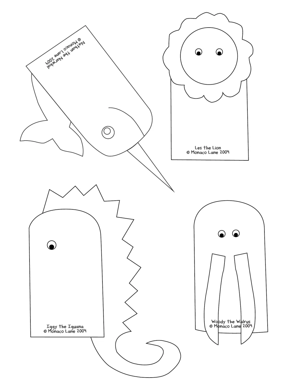 Nathan the Narwhal, Les the Lion, Iggy the Iguana and Woody the Walrus puppet templates for children to color, cut and use