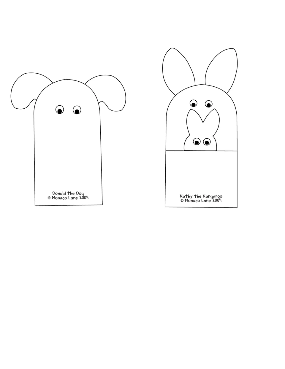 Donald the Dog with floppy ears and Kathy the Kangaroo with a joey in her pouch, two puppets to color and cut out