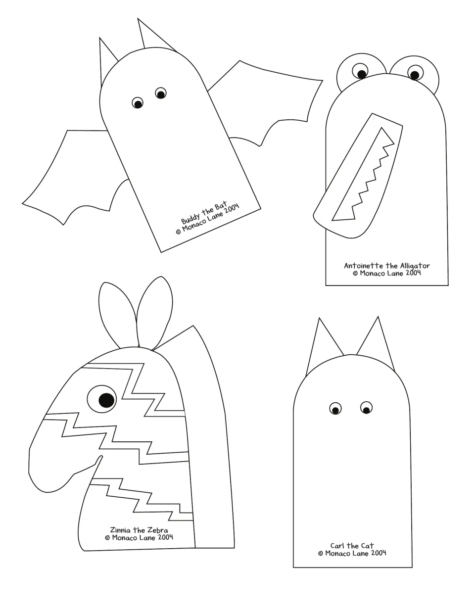 Buddy the Bat, Antoinette the Alligator, Zinnia the Zebra and Carl the Cat outlined as finger puppets ready to decorate