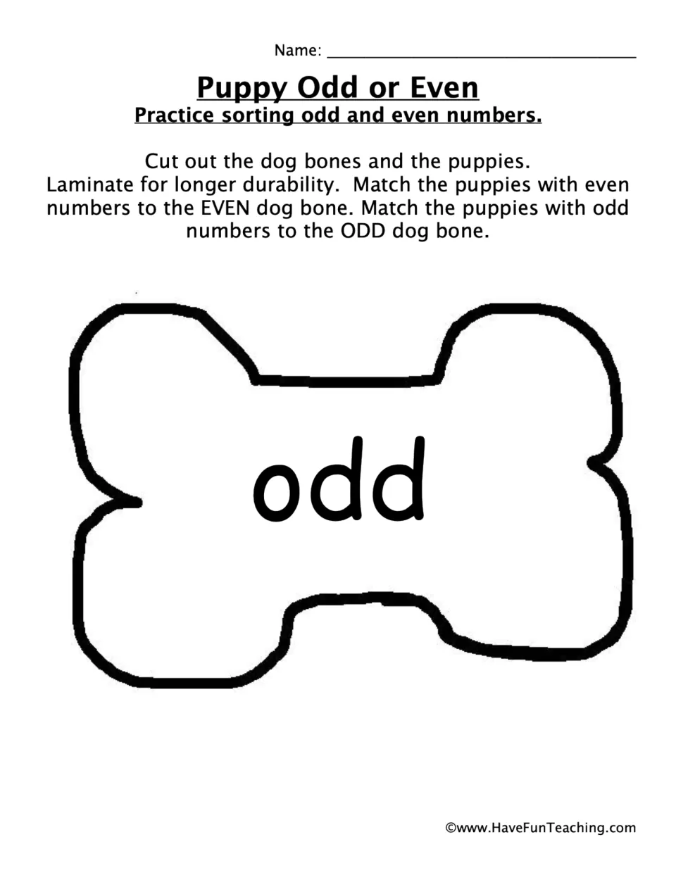 Odd-number sorting mat labeled 'odd', with directions to cut out puppies and match them to the correct bone.