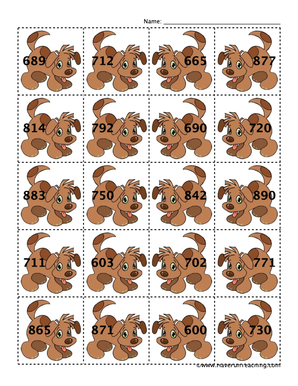 Puppy number cards 1–20 of 40 for odd and even sorting, including 689, 712, 665, 877, and 16 more.