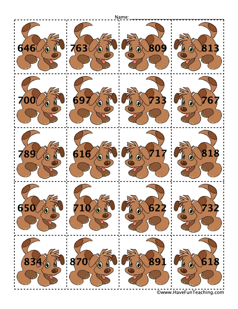 Puppy number cards 21–40 of 40 for odd and even sorting, including 646, 763, 809, 813, and 16 more.