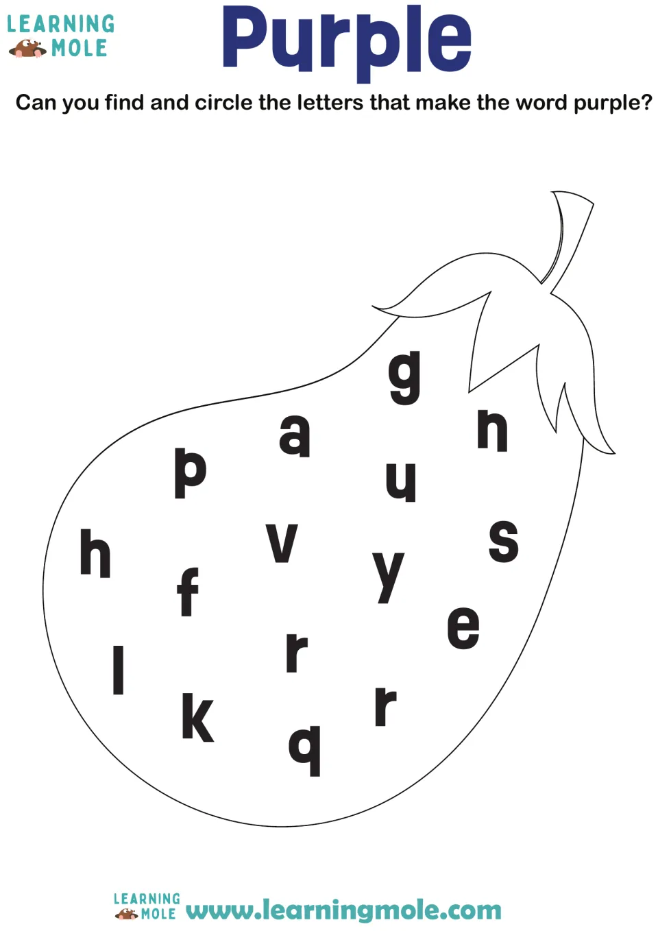 Color word purple: students find and circle the letters that spell purple among scattered letters inside an eggplant