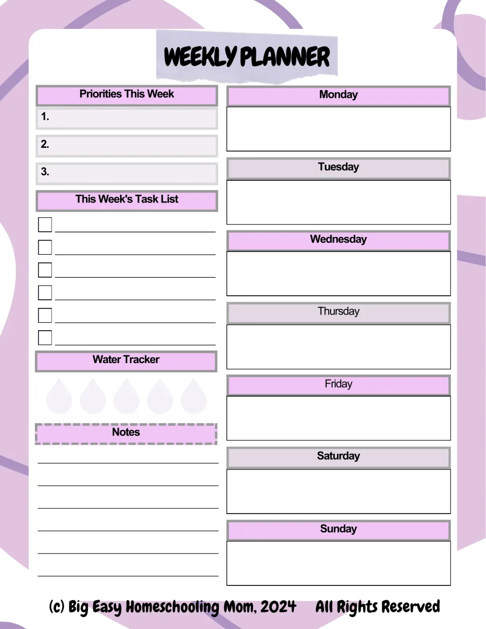 Weekly planner: three priorities, a task checklist, a water tracker, notes and space for each day Monday to Sunday