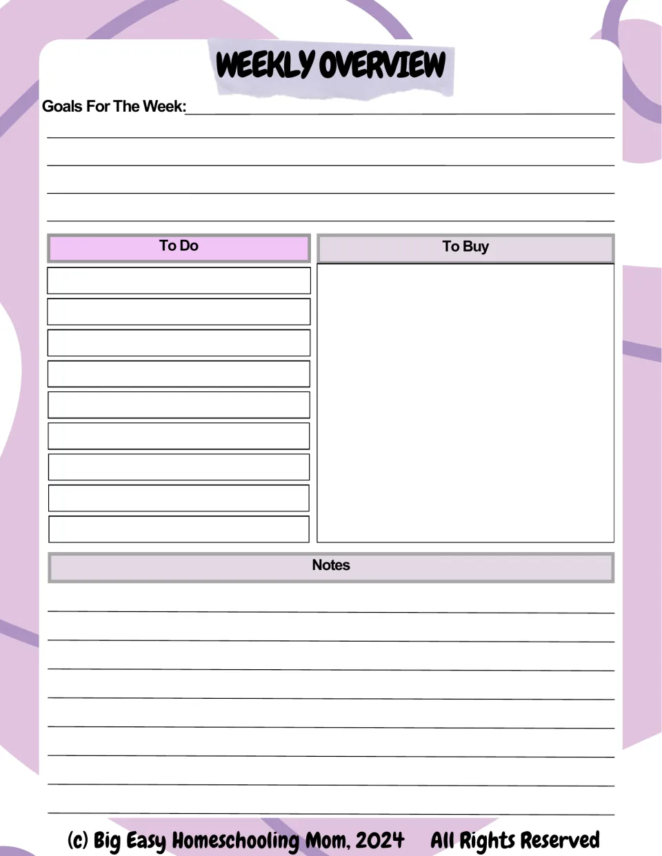Weekly overview: lines for goals for the week, a To Do list, a To Buy list for supplies and lined space for notes