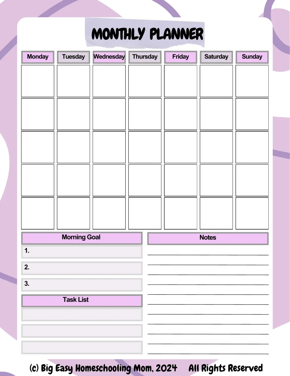 Monthly planner: undated Monday-to-Sunday calendar with five weeks, plus Morning Goal 1-3, a task list and notes