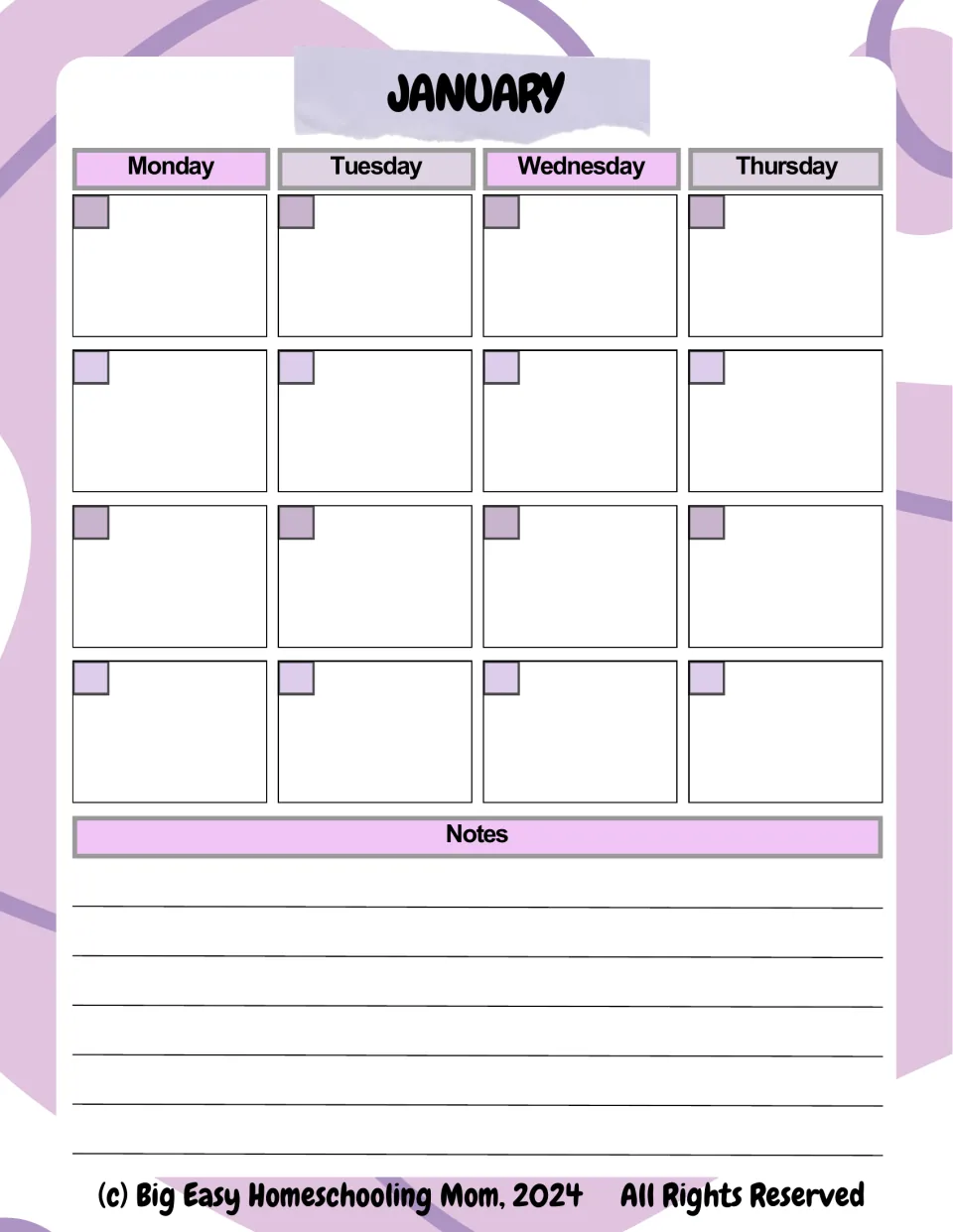 January calendar, first half: Monday to Thursday for four weeks, with a small date square in each day and notes below