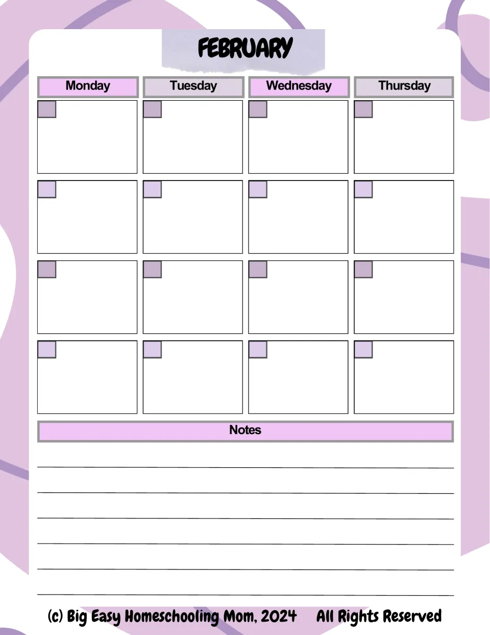 February calendar, first half: Monday to Thursday for four weeks, with a small date square in each day and notes below