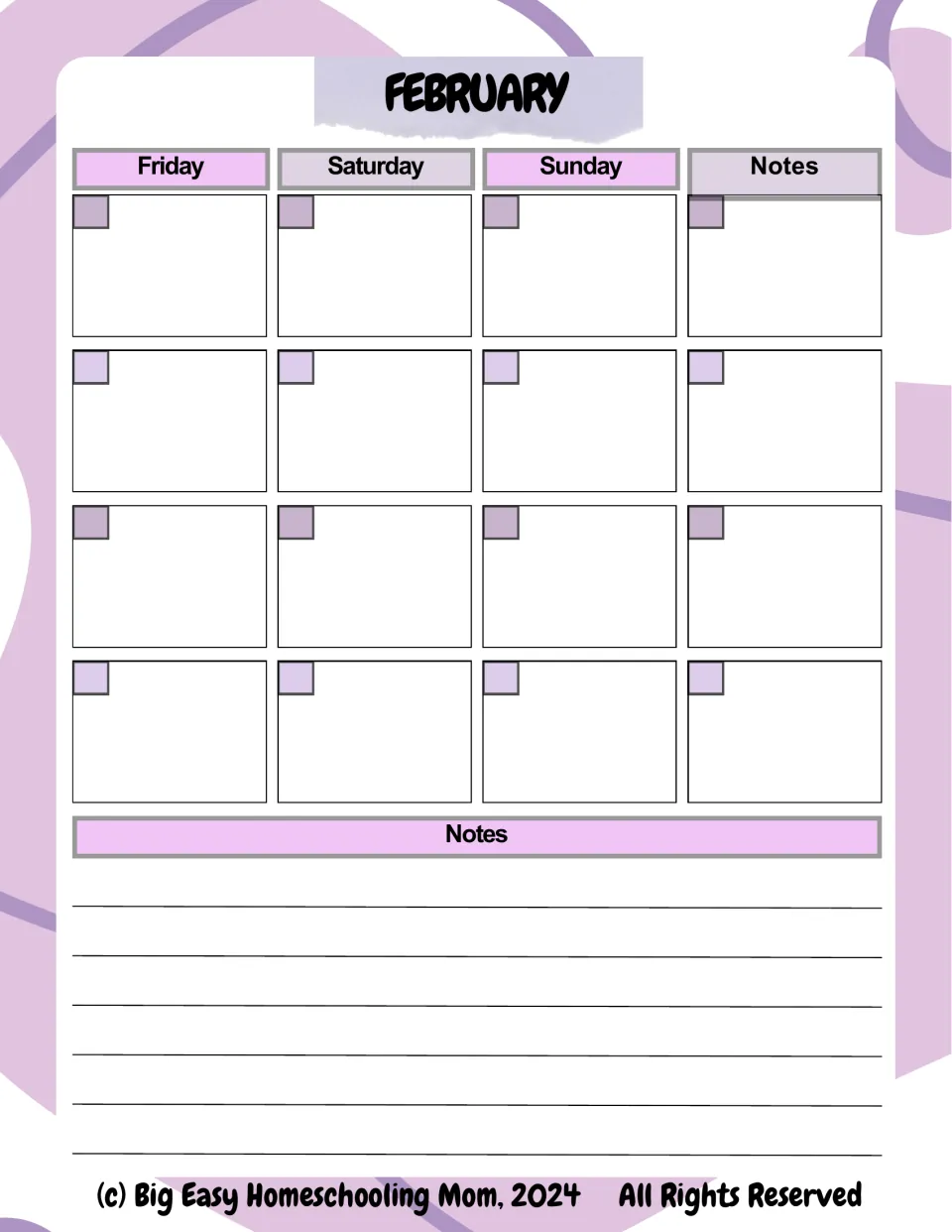 February calendar, second half: Friday, Saturday and Sunday for four weeks, with a weekly notes space and notes below