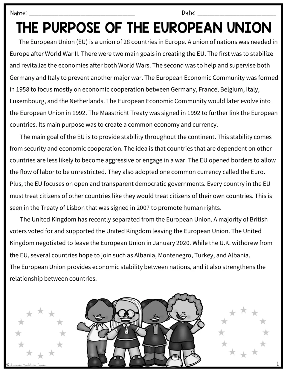 Reading passage on the European Union's origins, economic cooperation, treaties, and the UK's departure