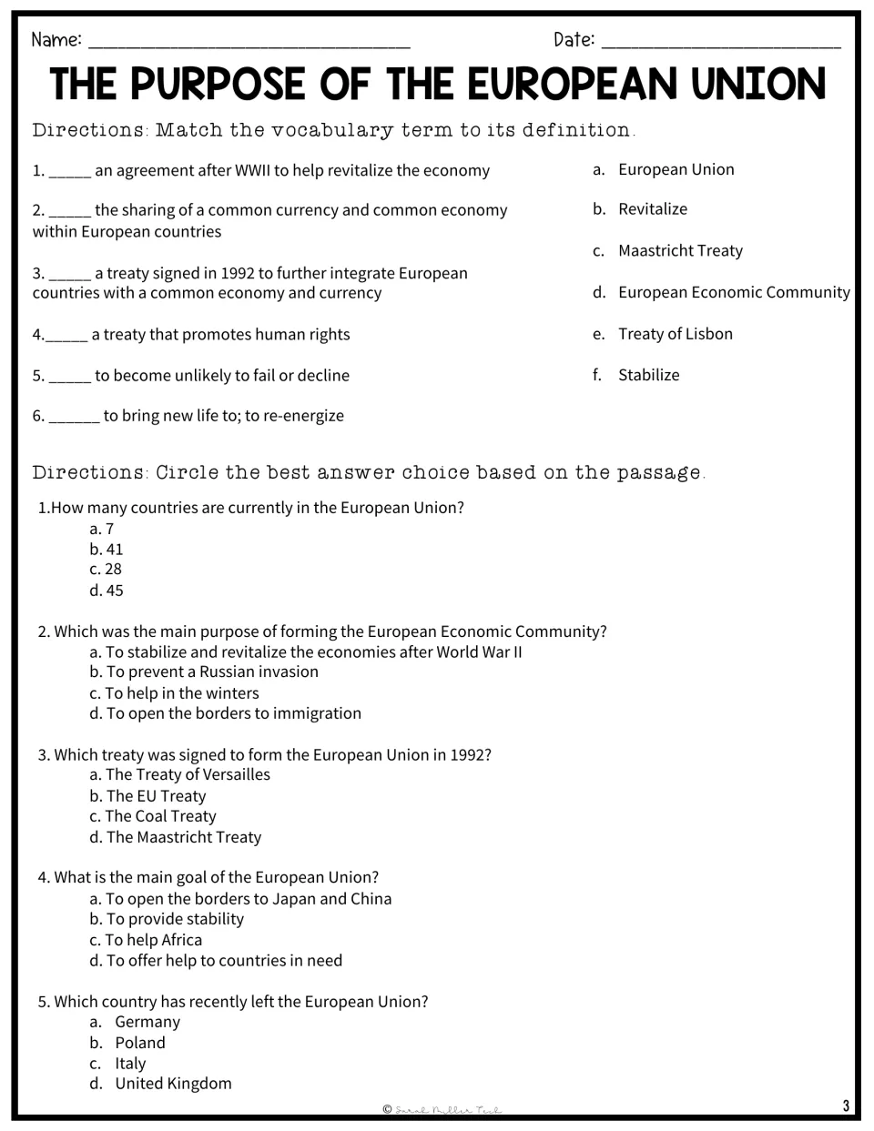 EU vocabulary matching for six terms, followed by questions 1–5 on membership, origins, goals, and Brexit
