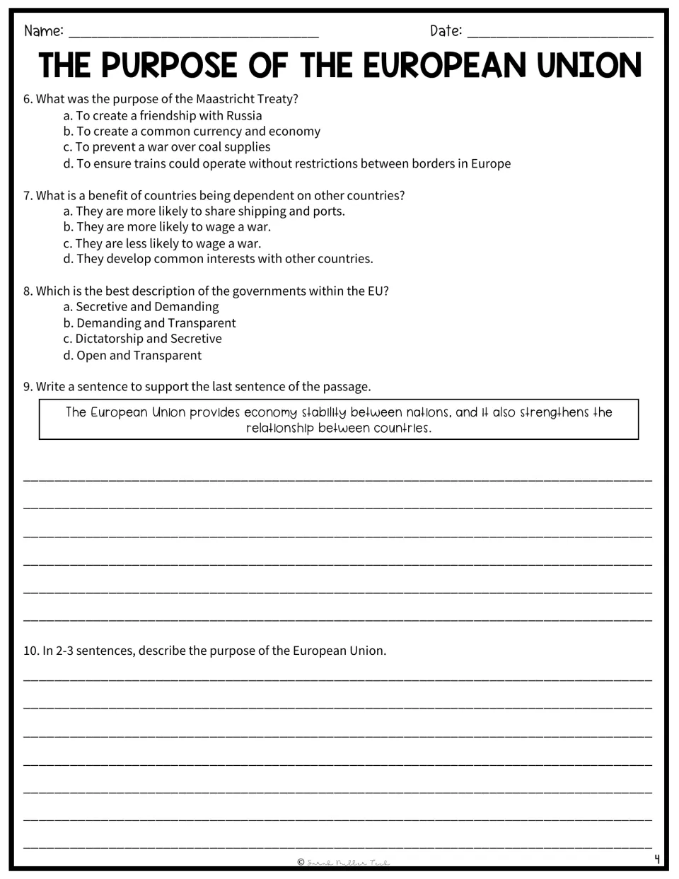 EU questions 6–10 cover the Maastricht Treaty, cooperation, governments, supporting evidence, and purpose