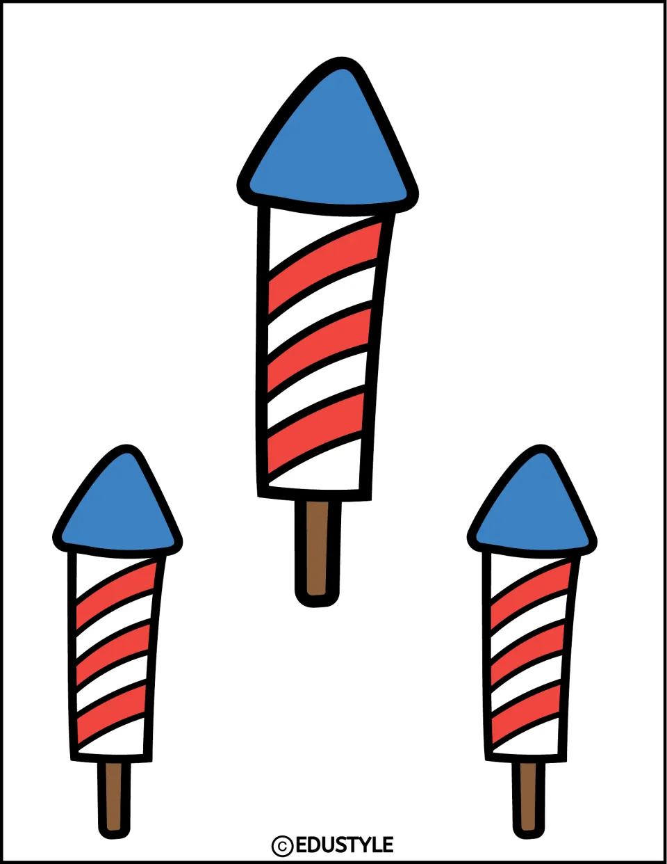 Firework rocket cutouts, mirrored set: three striped red-and-white rockets with blue cones tilting the other way