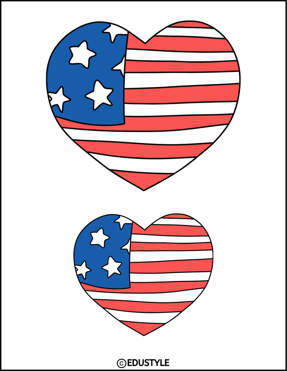Flag heart cutouts: one large and one small heart, each drawn as an American flag with white stars on blue and red stripes