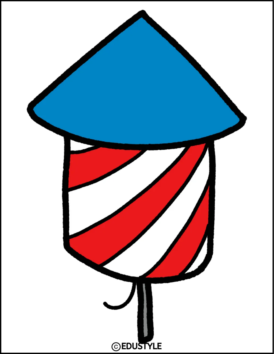 Firecracker cutout: a single big red-and-white striped firework with a blue cone top, gray stick and curly fuse