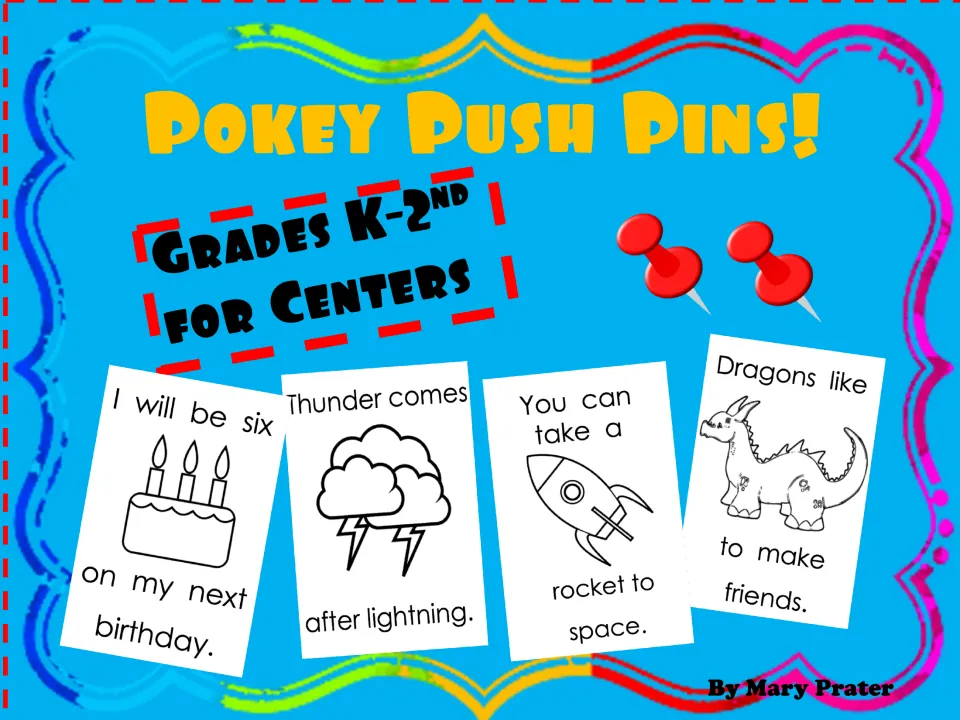 Pokey Push Pins! cover for grades K-2nd centers, showing birthday cake, thunder cloud, rocket and dragon sentence cards