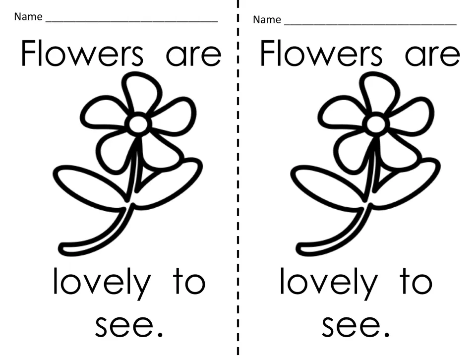 Flowers are lovely to see: two copies of a sentence card with one large flower that students poke around with a push pin