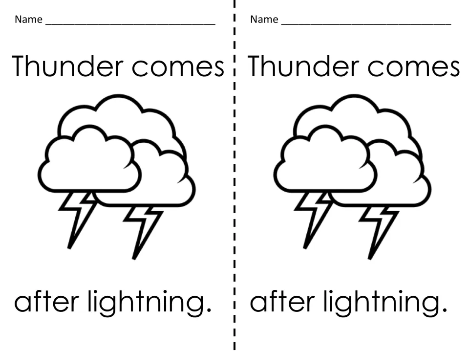 Thunder comes after lightning: two name cards showing storm clouds with lightning bolts to read and trace with pin pokes