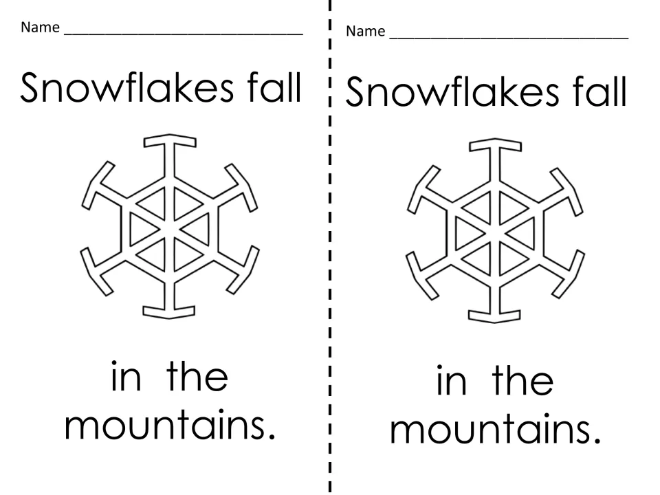 Snowflakes fall in the mountains: two copies of a winter sentence card with a snowflake for students to poke out by pin