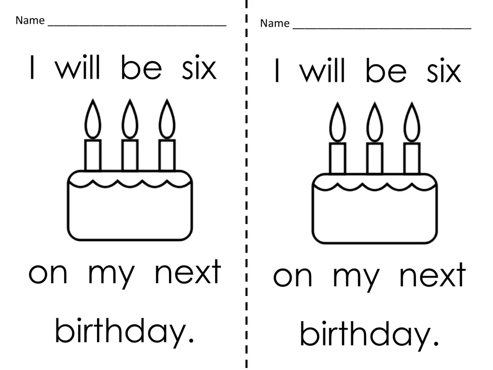 I will be six on my next birthday: two name cards with a three-candle birthday cake for students to read and pin-poke