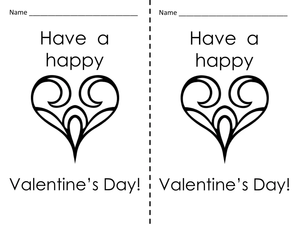 Have a happy Valentine's Day: two copies of a holiday greeting card with a swirled heart students outline in pin holes