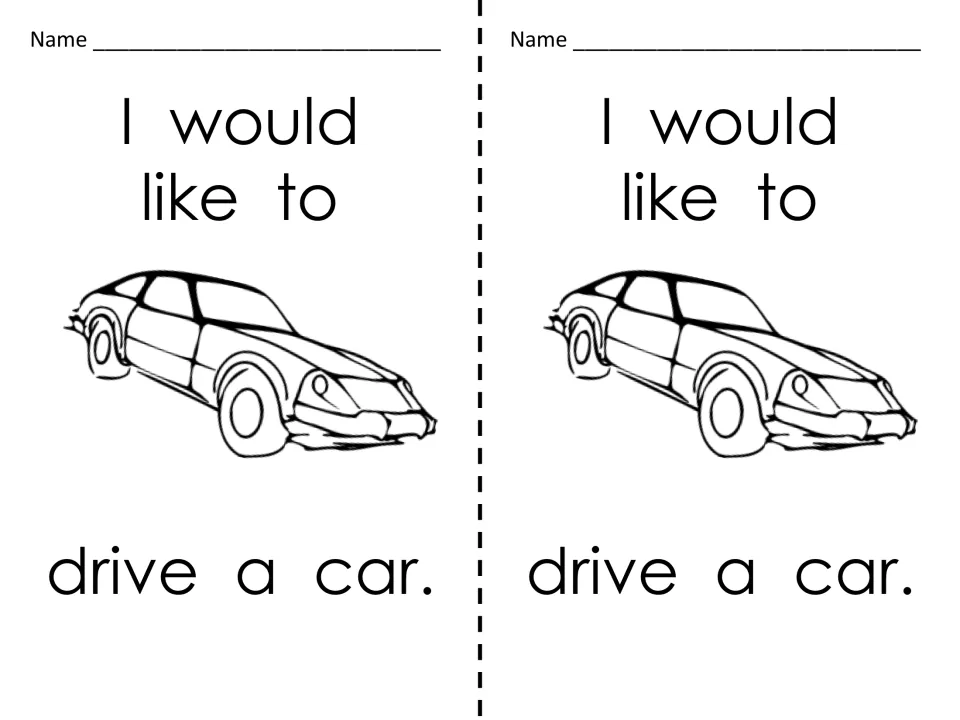 I would like to drive a car: two name cards with a sports car drawing for students to read and poke along the outline