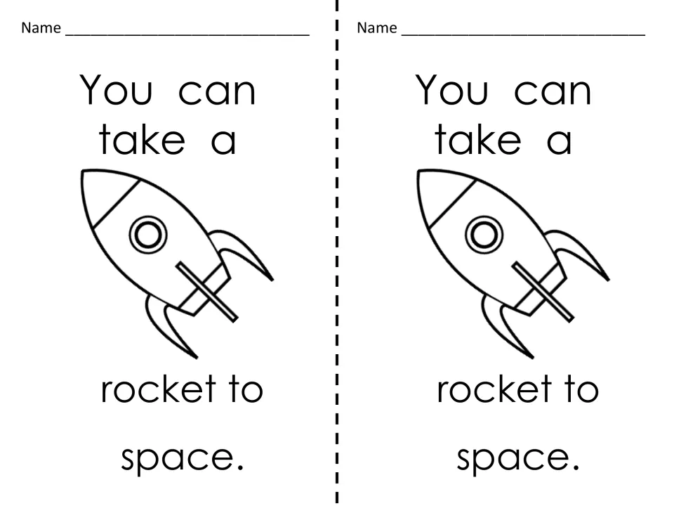 You can take a rocket to space: two copies of a space sentence card with a rocket ship for students to poke out by pin