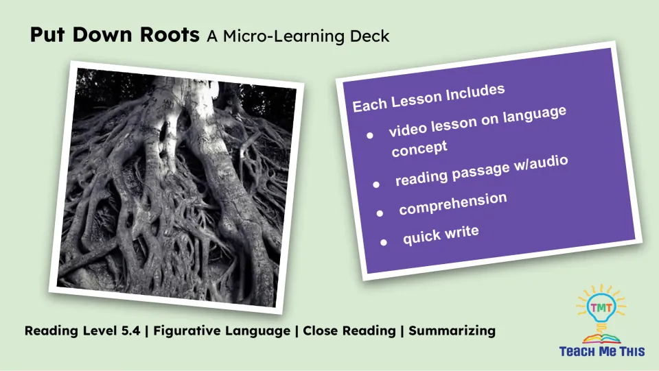 Lesson overview listing a language concept video, reading passage with audio, comprehension, and quick write.