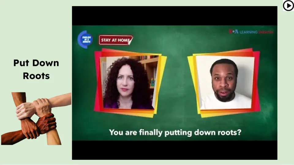 Video lesson slide shows two speakers and the subtitle asking, 'You are finally putting down roots?'