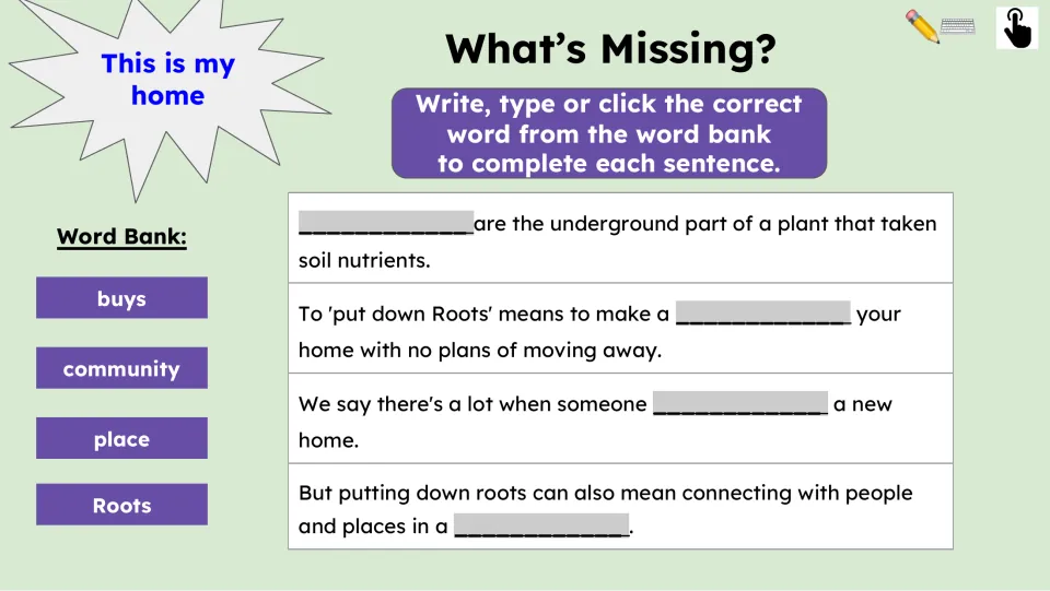 Four fill-in-the-blank sentences review the passage using the word bank: buys, community, place, and Roots.