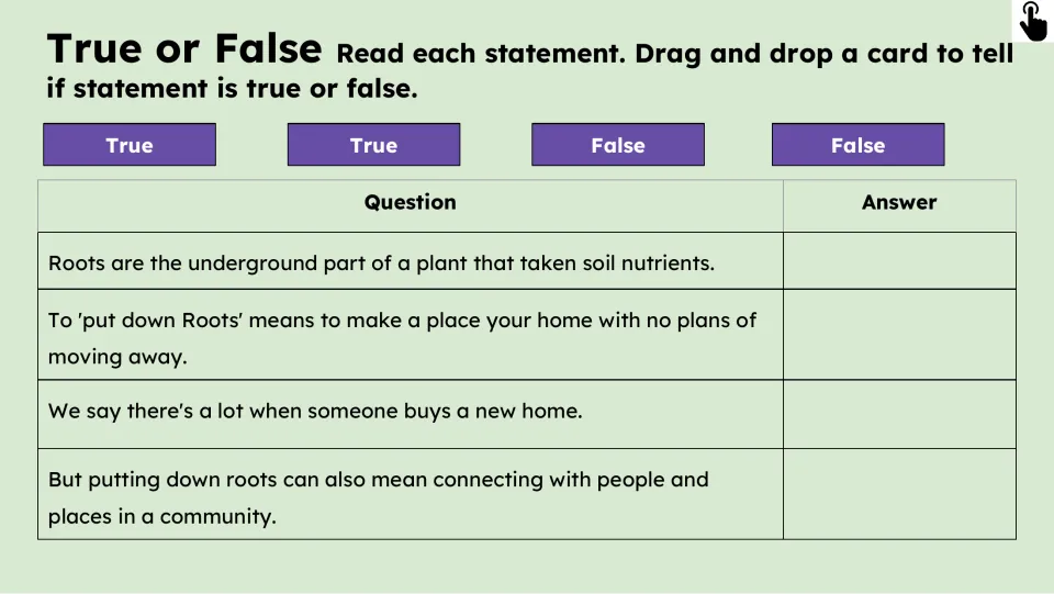 True-or-false activity presents four statements about plant roots, making a home, buying a home, and community.