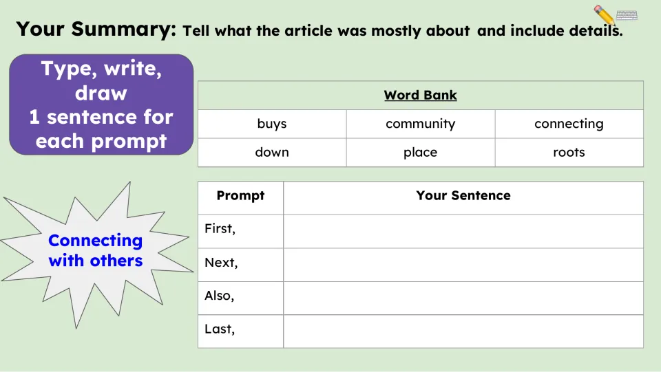 Summary activity asks for one sentence per prompt: First, Next, Also, and Last, supported by a six-word bank.