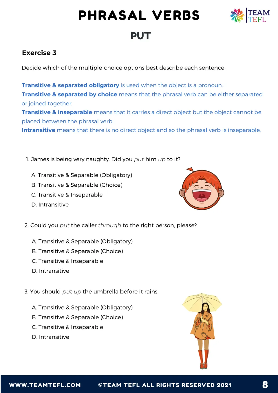 Exercise 3: students classify put phrasal verb sentences as transitive separable, inseparable or intransitive (items 1-3)