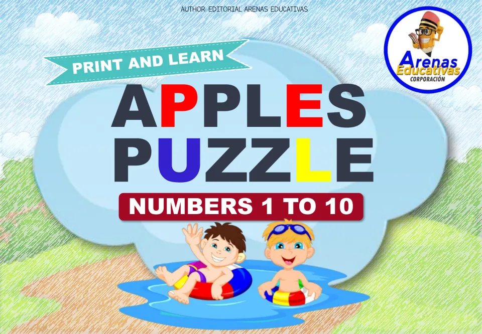 Cover of the apple number puzzle resource, labeled 'Print and Learn', 'Apples Puzzle' and 'Numbers 1 to 10'