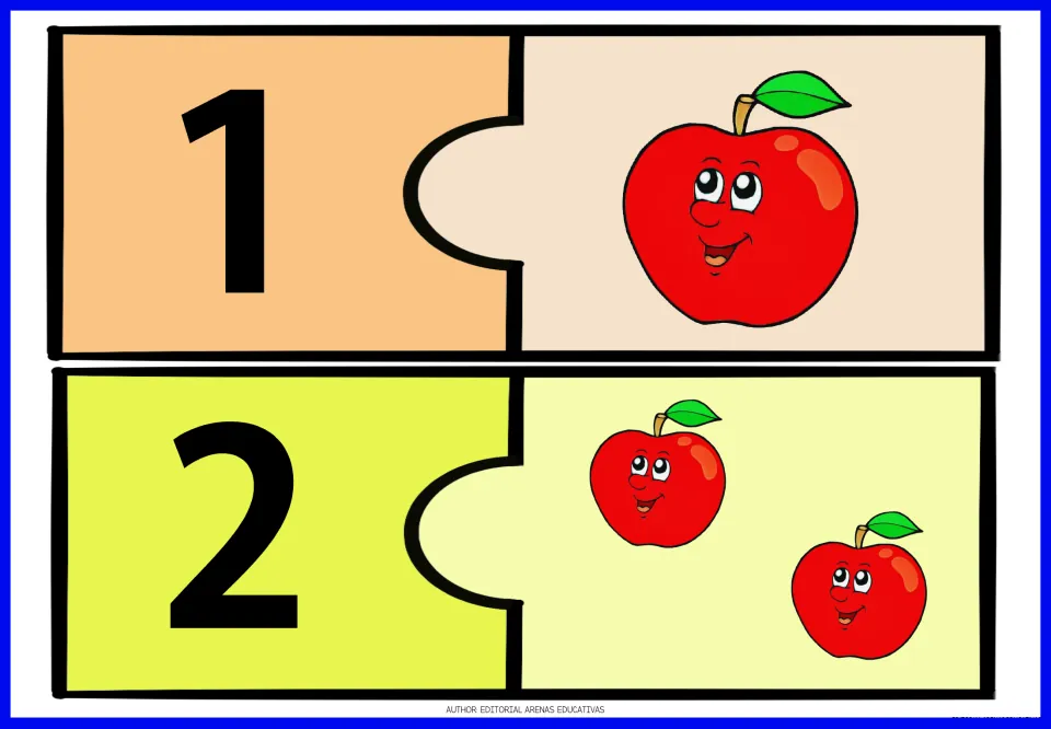 Apple number puzzles 1 and 2: two-piece puzzles pairing the numeral 1 with one apple and 2 with two apples